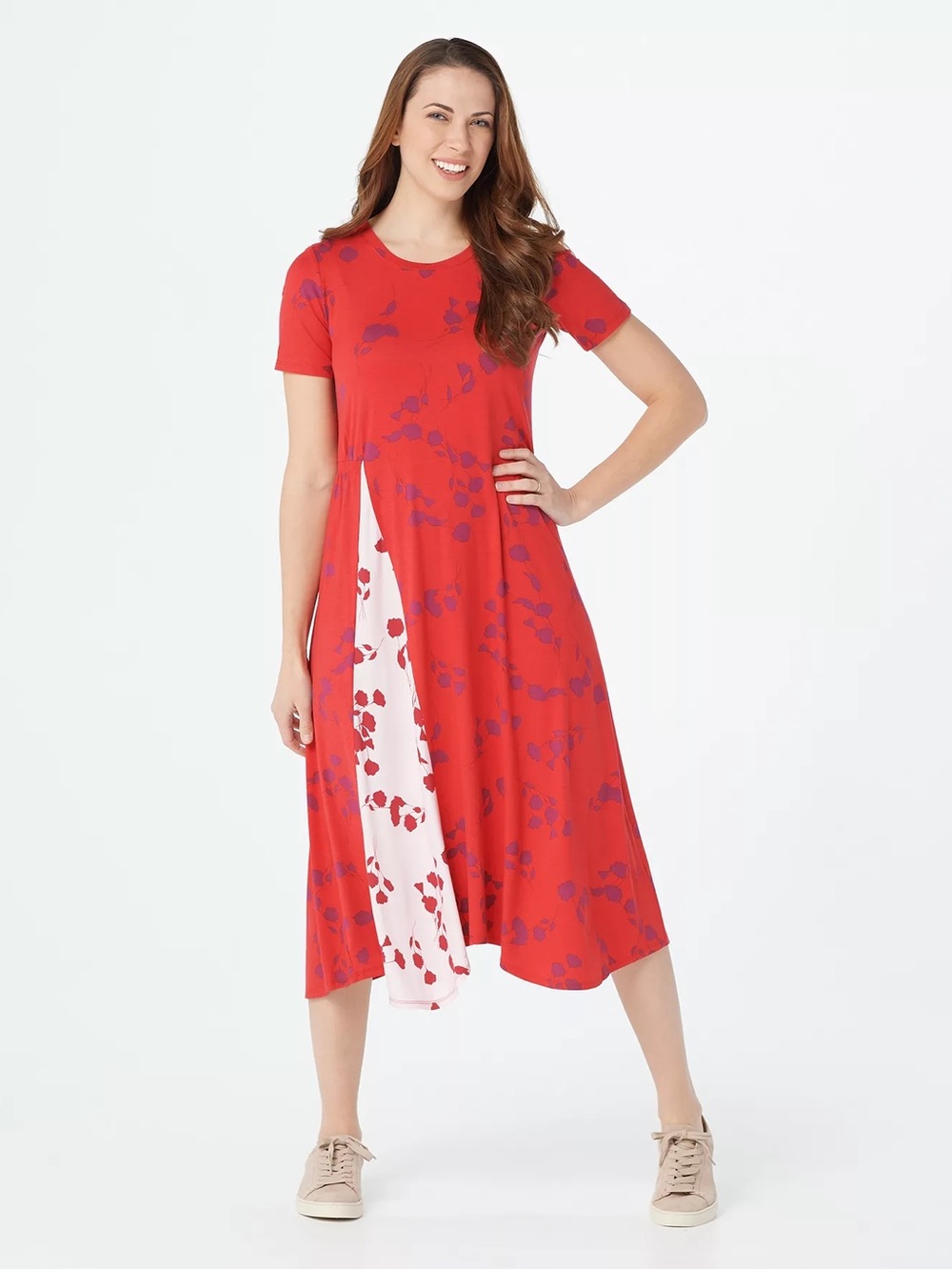 LOGO by Lori Goldstein Red Floral Short-Sleeve Midi Dress Size M